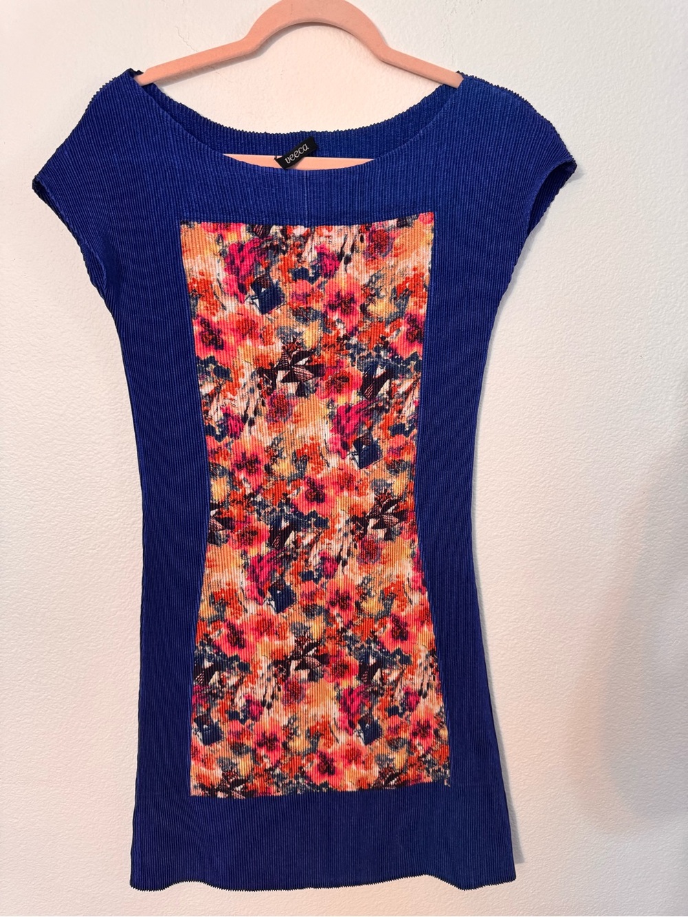 Veeca Blue Ribbed Top with Multicolor Floral Panel